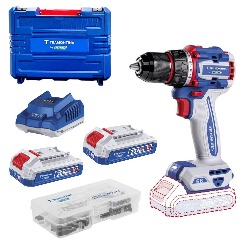 Parafusadeira Furadeira a Bateria 20V Brushless Maleta Carregador 2 Baterias 2AH 1/2" Bivolt Tramontina Tota 42301/123