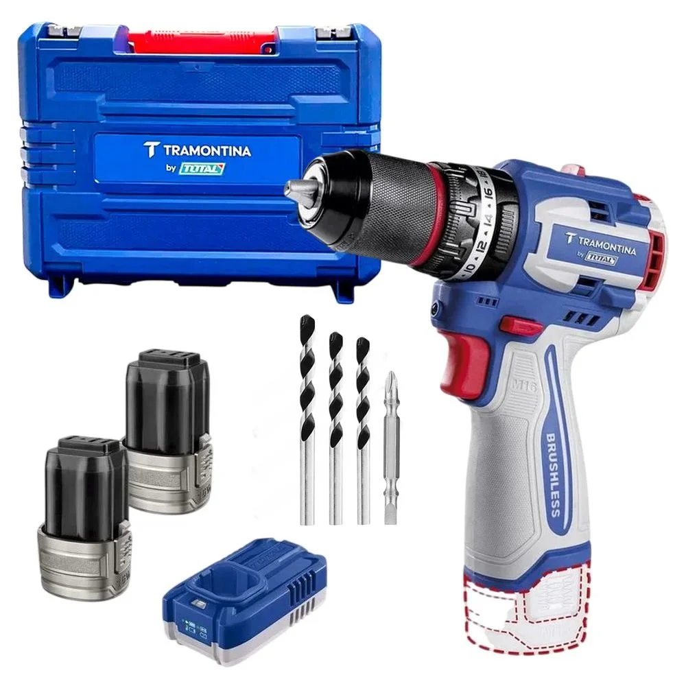Parafusadeira Furadeira Impacto Bateria 16V Brushless Maleta Carregador e 2 Baterias 2AH 1/2" Bivolt Tramontina by Total 42261/122