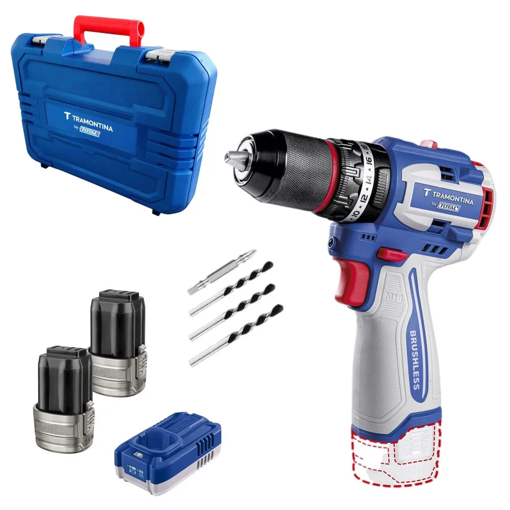 Parafusadeira Furadeira Impacto Bateria 16V Brushless Maleta Carregador e 2 Baterias 2AH 1/2" Bivolt Tramontina Tota 42261/122