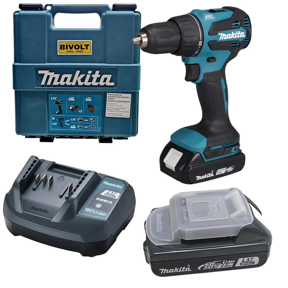 Parafusadeira Furadeira Impacto Bateria 18V Brushless com Maleta Carregador e 2 Baterias 2AH 1/2" Bivolt Makita DHP490WVE