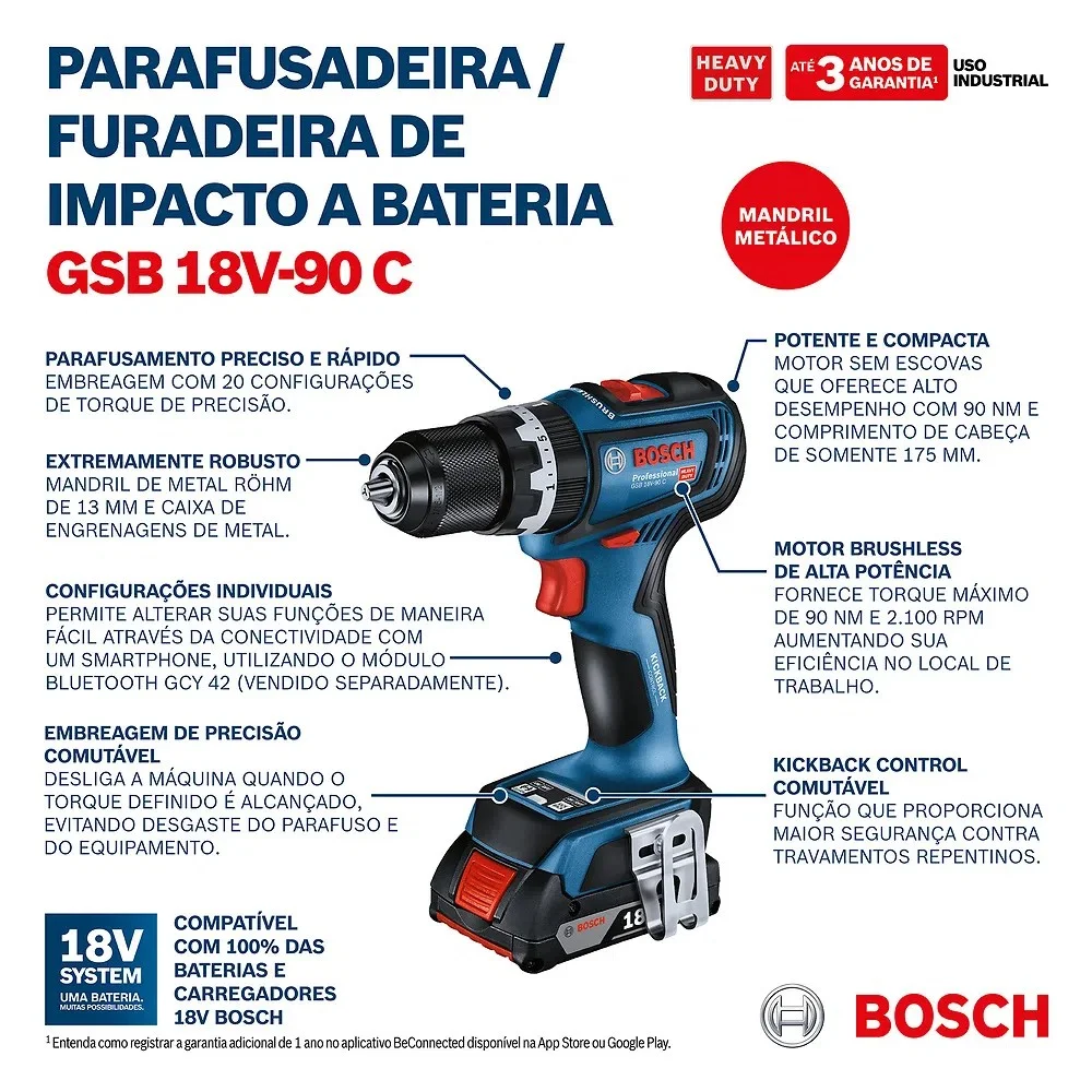 Parafusadeira Furadeira Impacto Bateria 18V Brushless Sem Carregador e Bateria 1/2" Bosch GSB 18V90C