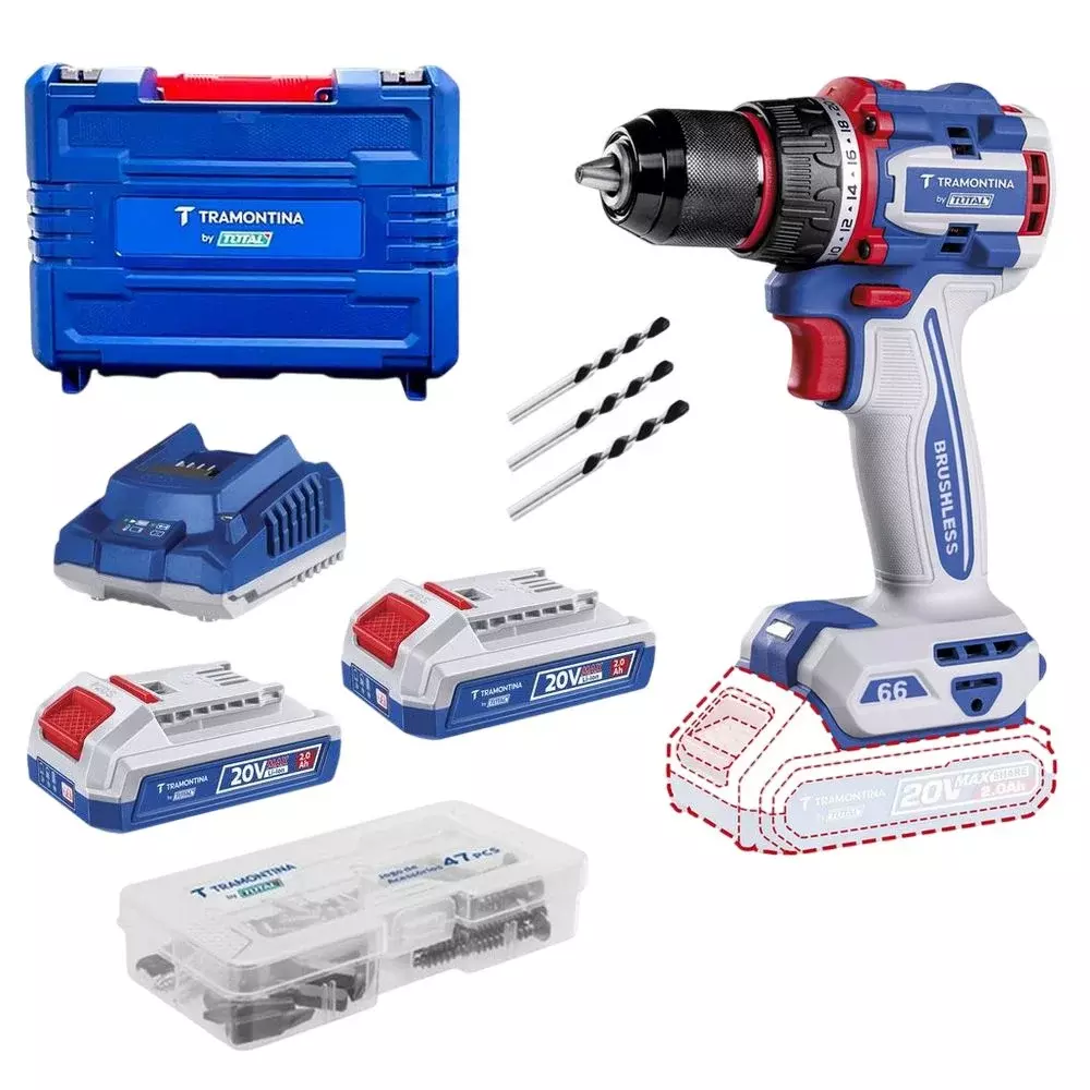 Parafusadeira Furadeira Impacto Bateria 20V Brushless Maleta Carregador e 2 Baterias 2AH 1/2" Bivolt Tramontina by Total 42301/124