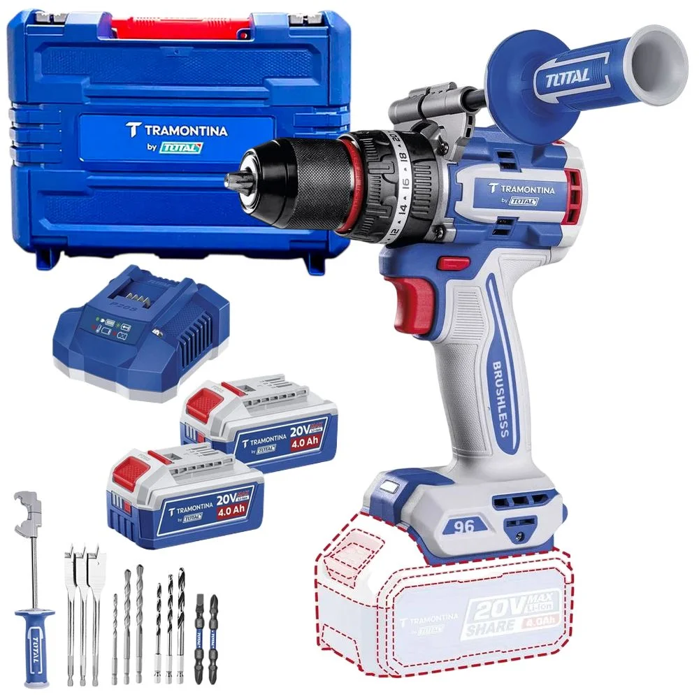 Parafusadeira Furadeira Impacto Bateria 20V Brushless Maleta Carregador e 2 Baterias 4AH 1/2" Bivolt Tramontina by Total 42301/207
