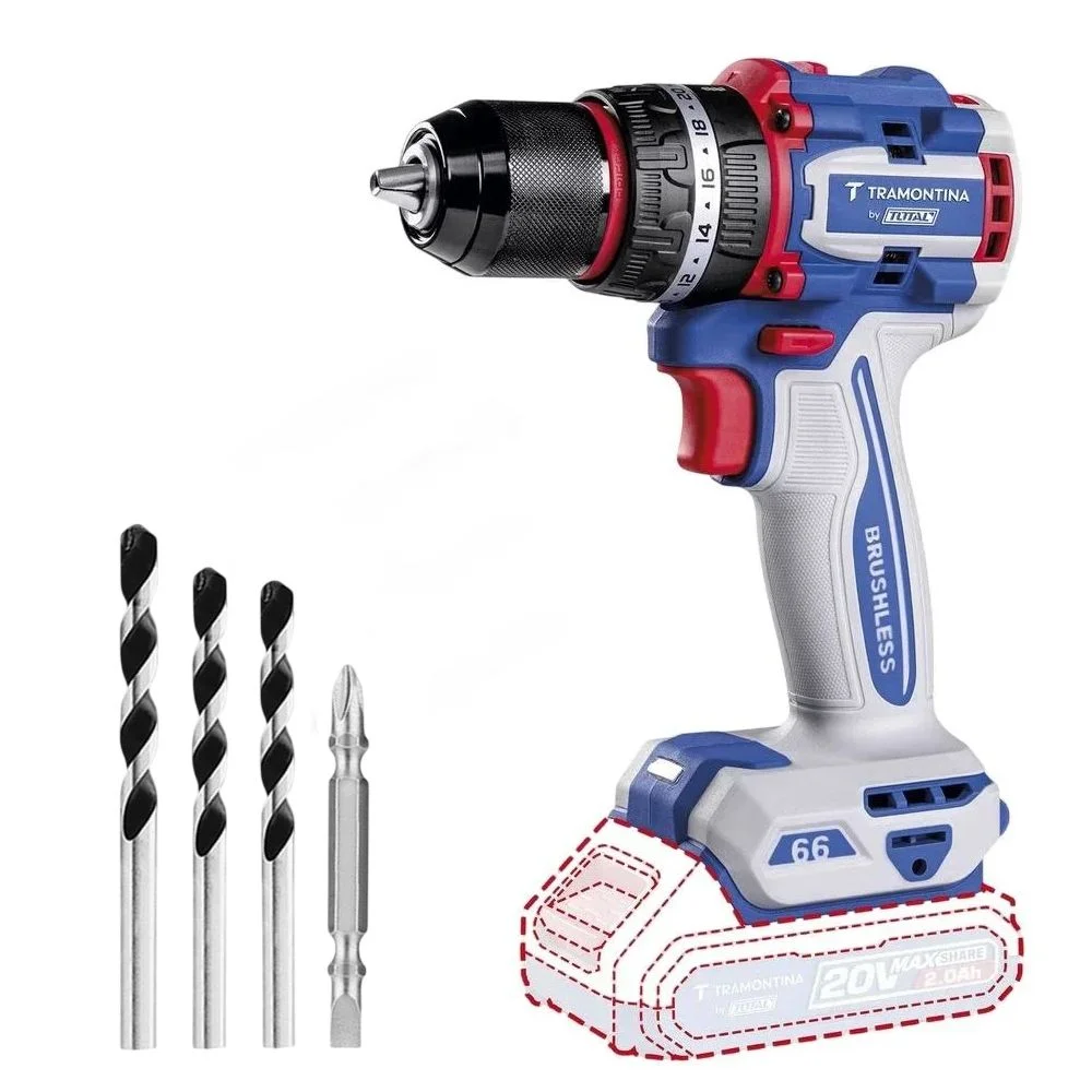 Parafusadeira Furadeira Impacto Bateria 20V Brushless Sem Carregador e Bateria com 3 Brocas 1/2" Tramontina by Total 42301/004