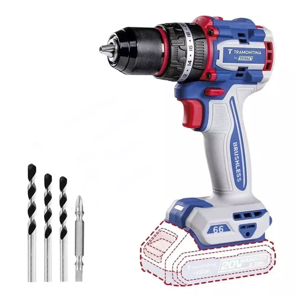 Parafusadeira Furadeira Impacto Bateria 20V Brushless Sem Carregador e Bateria com 3 Brocas 1/2" Tramontina by Total 42301/004