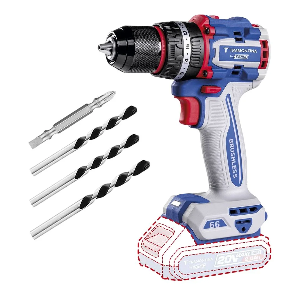 Parafusadeira Furadeira Impacto Bateria 20V Brushless Sem Carregador e Bateria com 3 Brocas 1/2" Tramontina Tota 42301/004