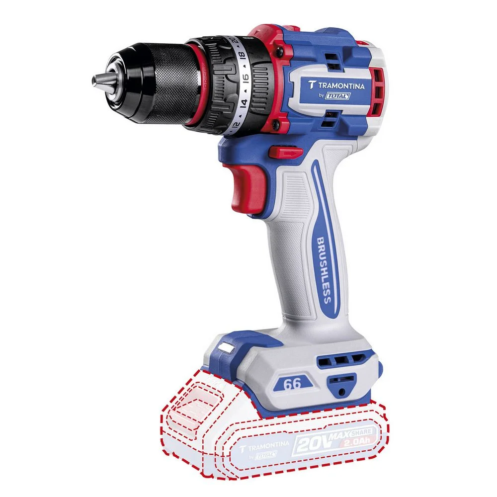 Parafusadeira Furadeira Impacto Bateria 20V Brushless Sem Carregador e Bateria com 3 Brocas 1/2" Tramontina Tota 42301/004