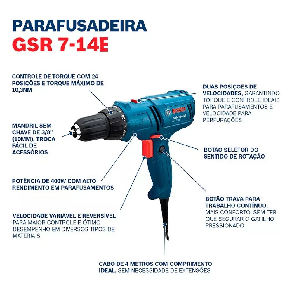 Parafusadeira Furadeira Reversivel Com Bolsa Velocidade Variavel 3/8" 110V 400W Bosch GSR 7-14E