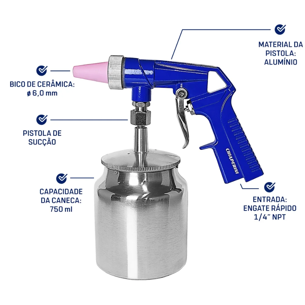 Pistola de Jateamento Caneca de Aluminio 750ML Chiaperini CH JT-750