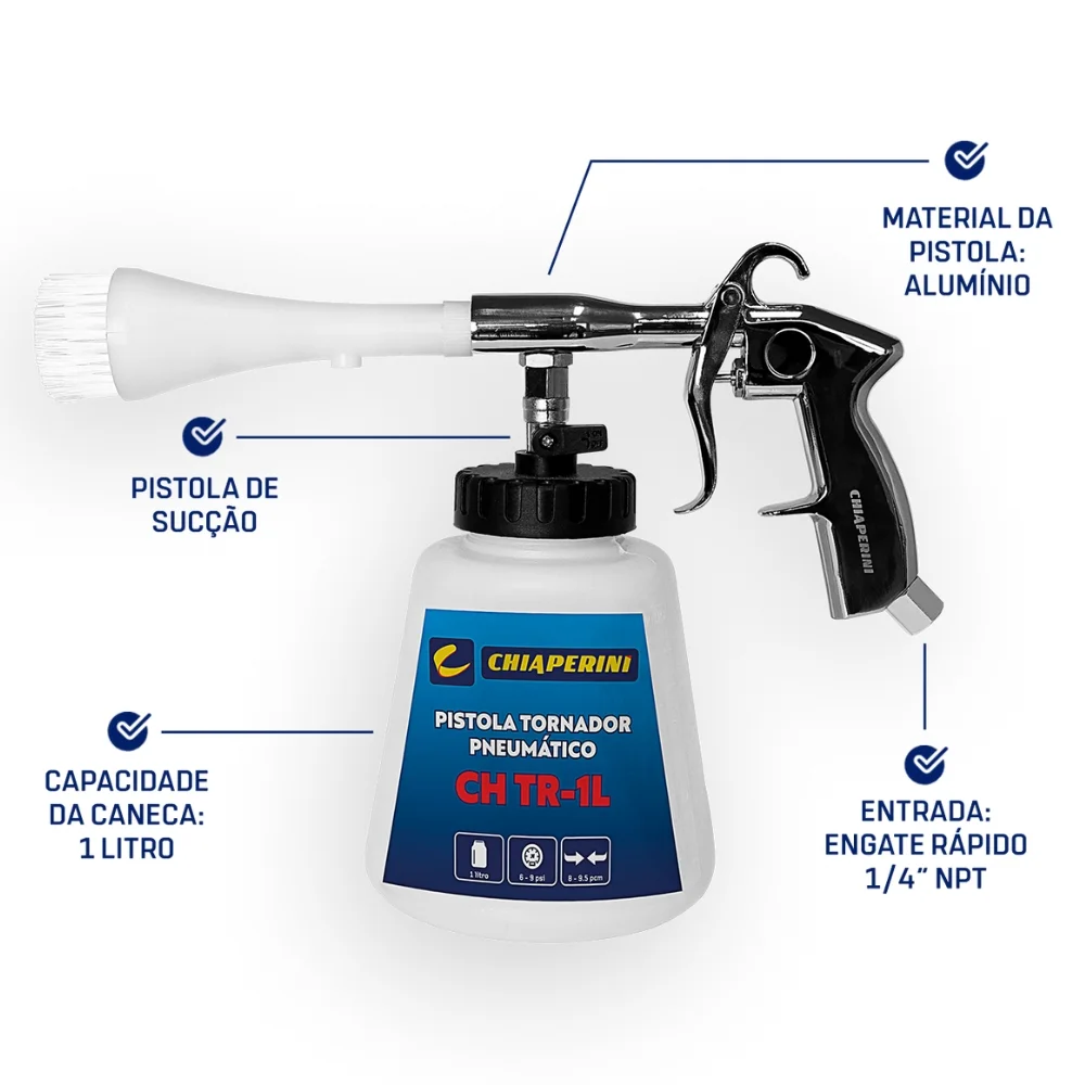 Pistola de Limpeza Tipo Tornador Pneumatica com Caneca Plastica 1L Chiaperini CH TR-1L