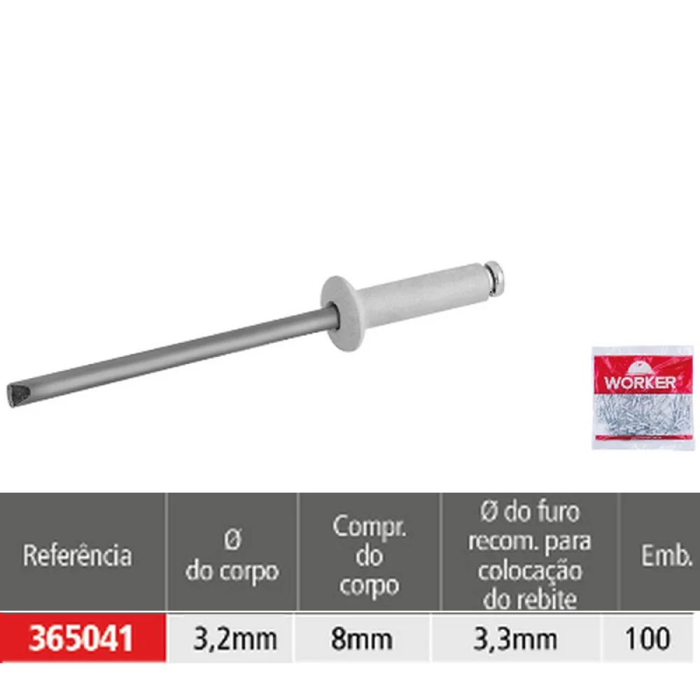 Rebite de Aluminio Pacote com 100 Pecas 3,2X8MM Worker R328