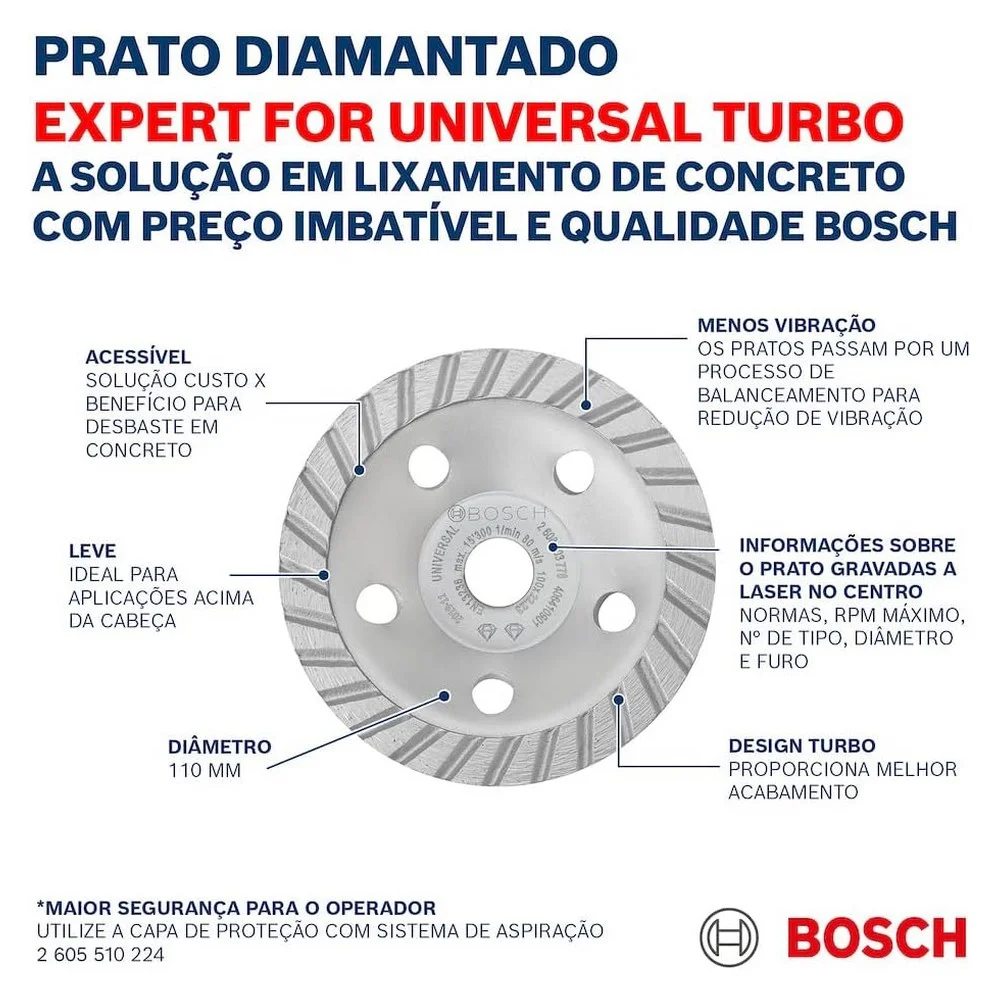 Rebolo Diamantado Tipo Prato Turbo Universal USO Em Esmerilhadeira 4"X22MM Bosch 2608601778