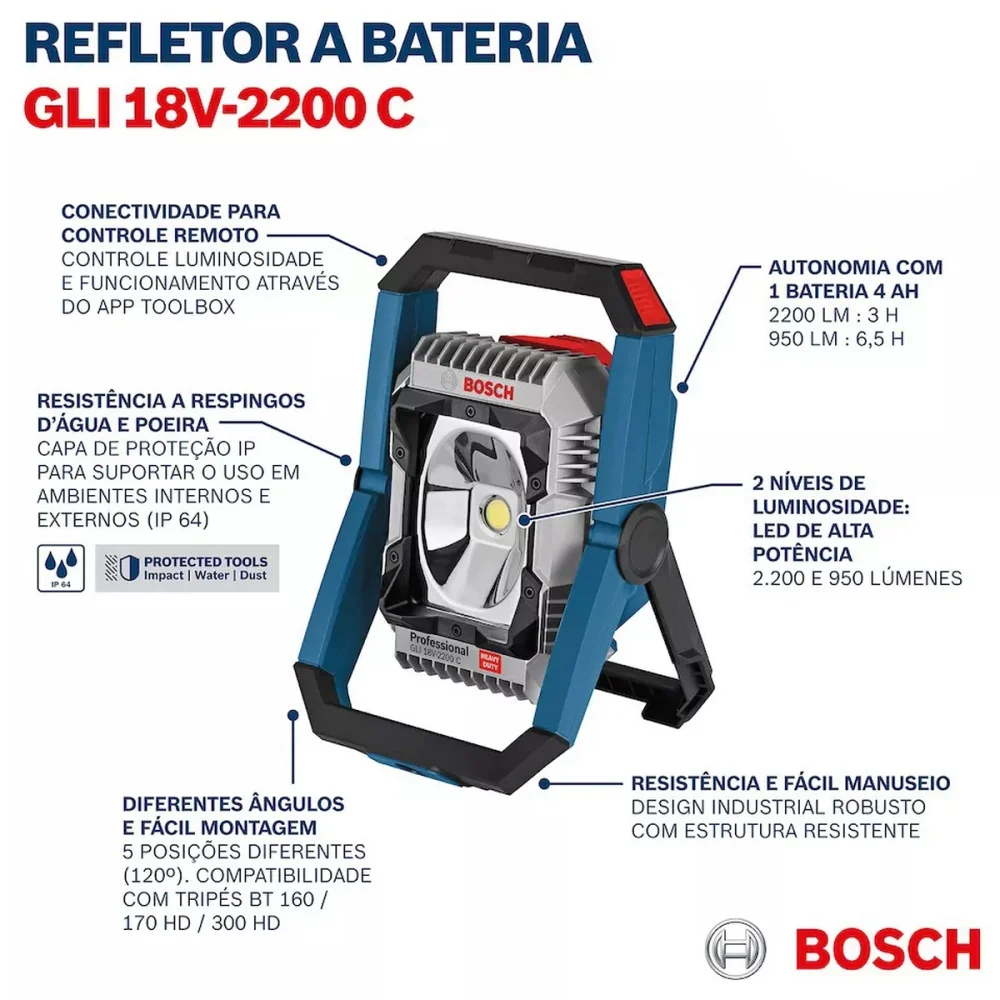Refletor de Led a Bateria 18V Sem Carregador e Bateria 2200 LUMENS Bosch GLI18V-2200C