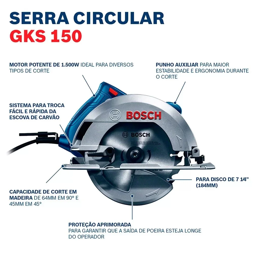 Serra Circular com 2 Discos 7.1/4" 110V 1500W Bosch GKS 150
