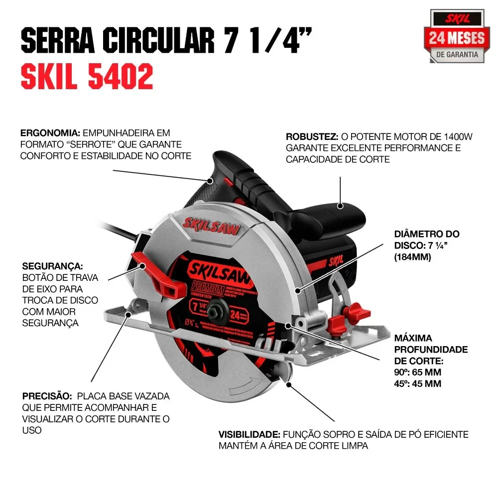 Serra Circular com Bolsa e Disco 7.1/4" 110V 1400W Skil 5402