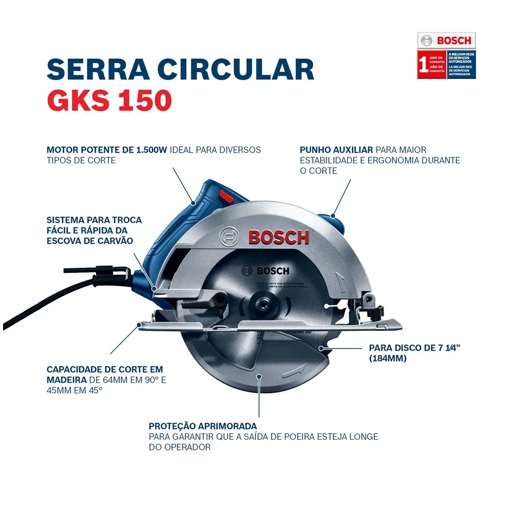 Serra Circular com Disco 7.1/4" 220V 1500W Bosch GKS 150