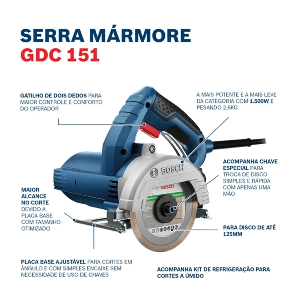 Serra Marmore Com KIT Refrigeracao Maleta e Disco 125MM 110V 1500W Bosch GDC 151 TITAN