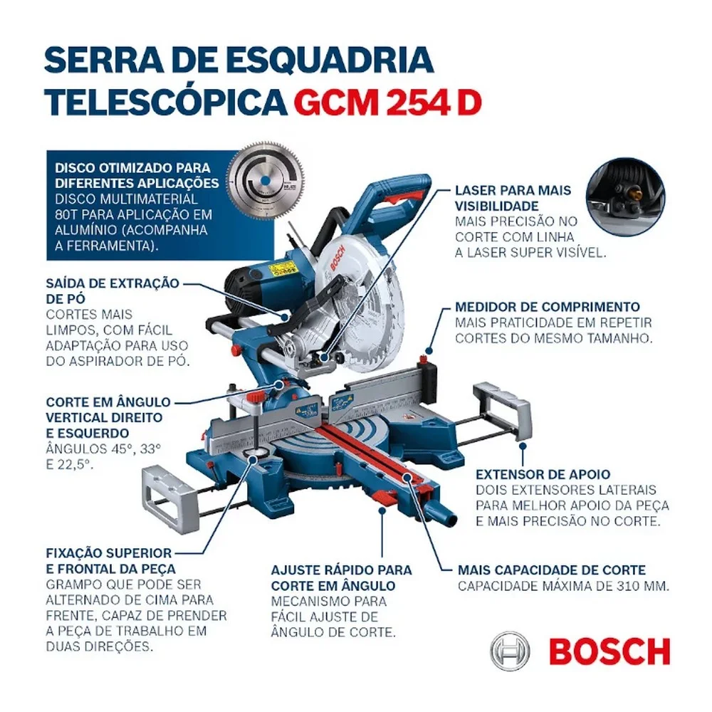 Serra Meia Esquadria Telescopica Com Disco para Aluminio 10" 110V 1800W Bosch GCM 254D