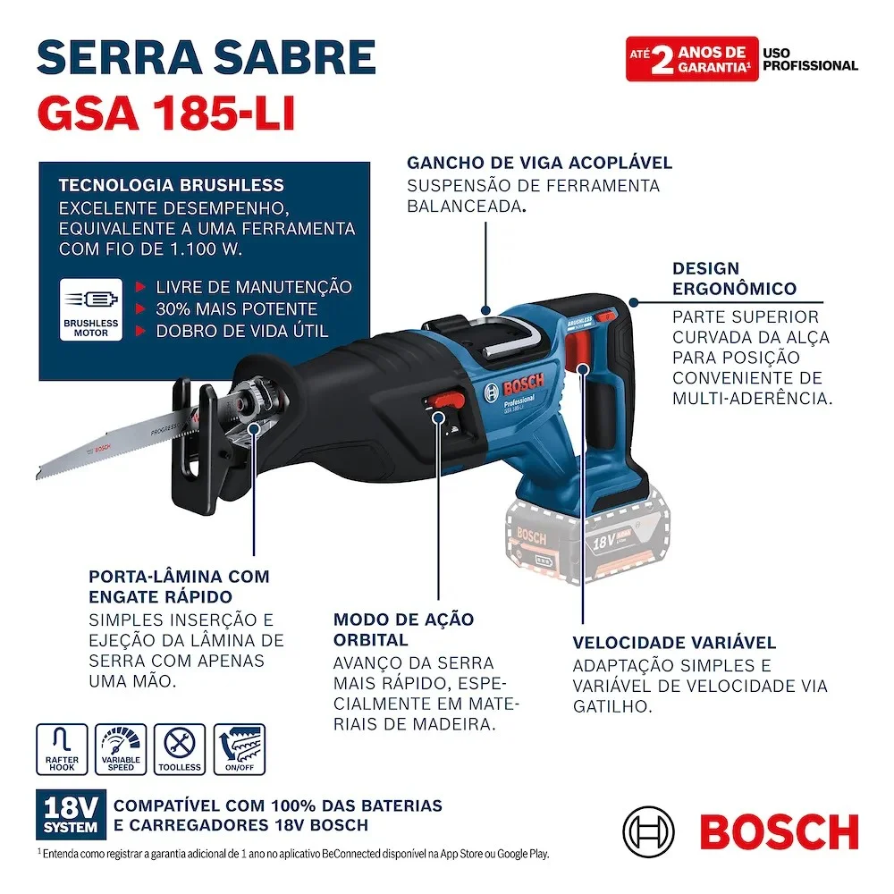Serra Sabre a Bateria 18V Sem Carregador e Bateria Bosch GSA 185-LI