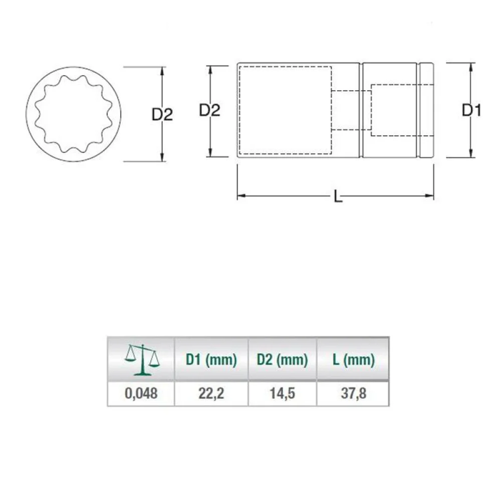 Soquete Estriado Encaixe 1/2" CRV 1/2X3/8" Sata ST13502SC