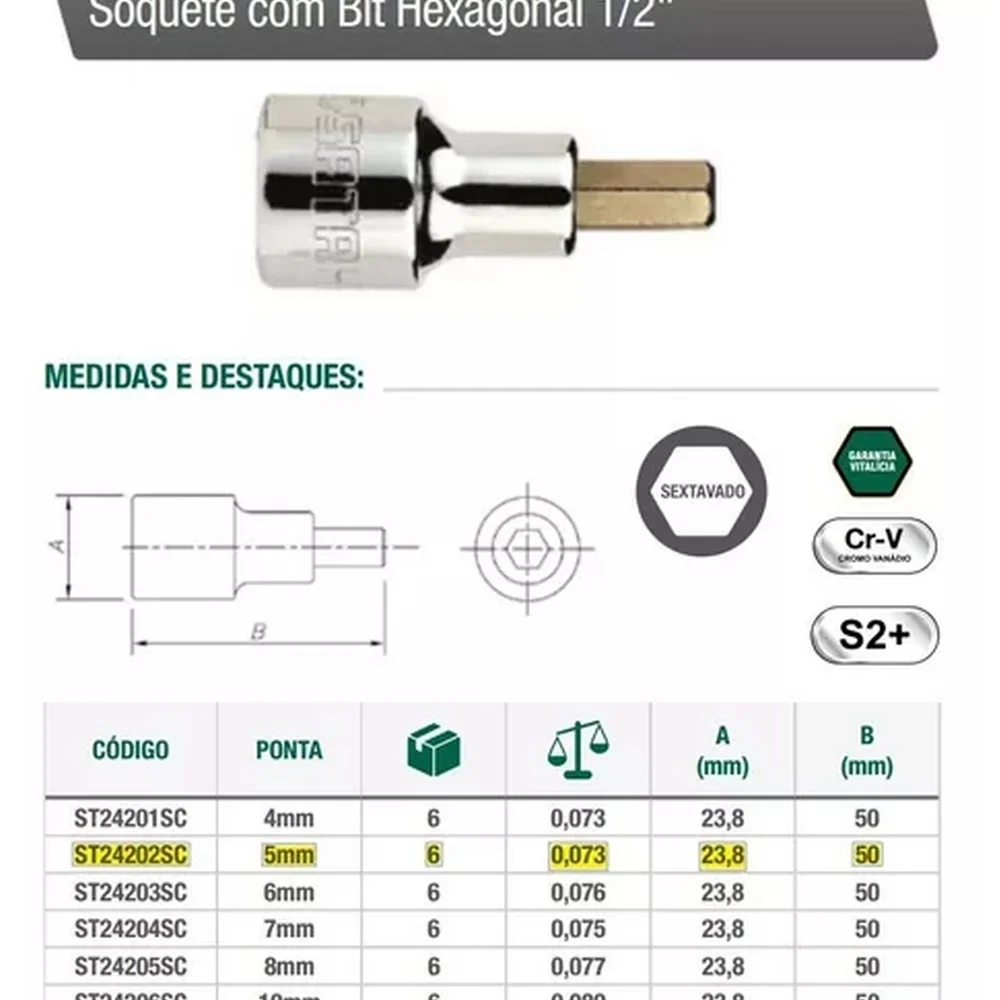 Soquete Ponta Allen Encaixe 1/2" CRV 1/2X5MM Sata ST24202SC