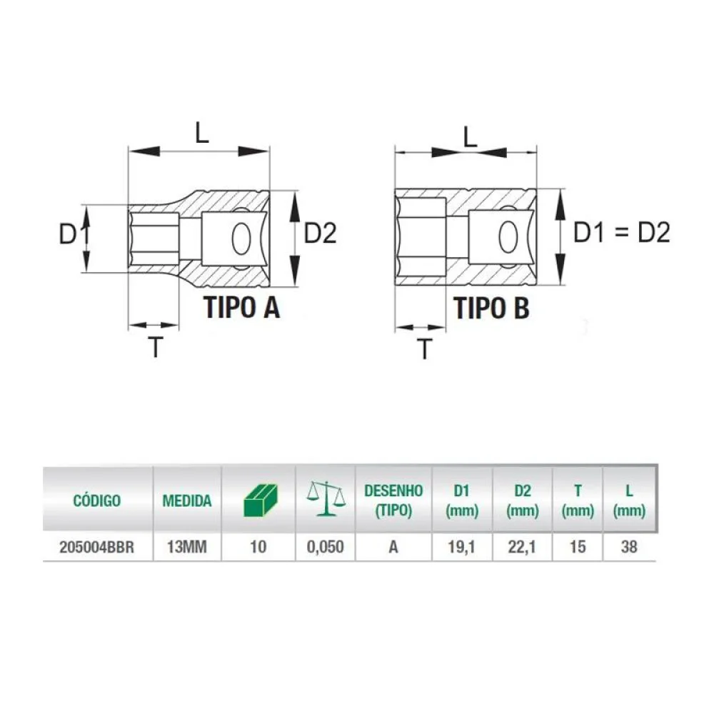 Soquete Sextavado Encaixe 1/2" CRV 1/2X13MM Belzer 205004BX