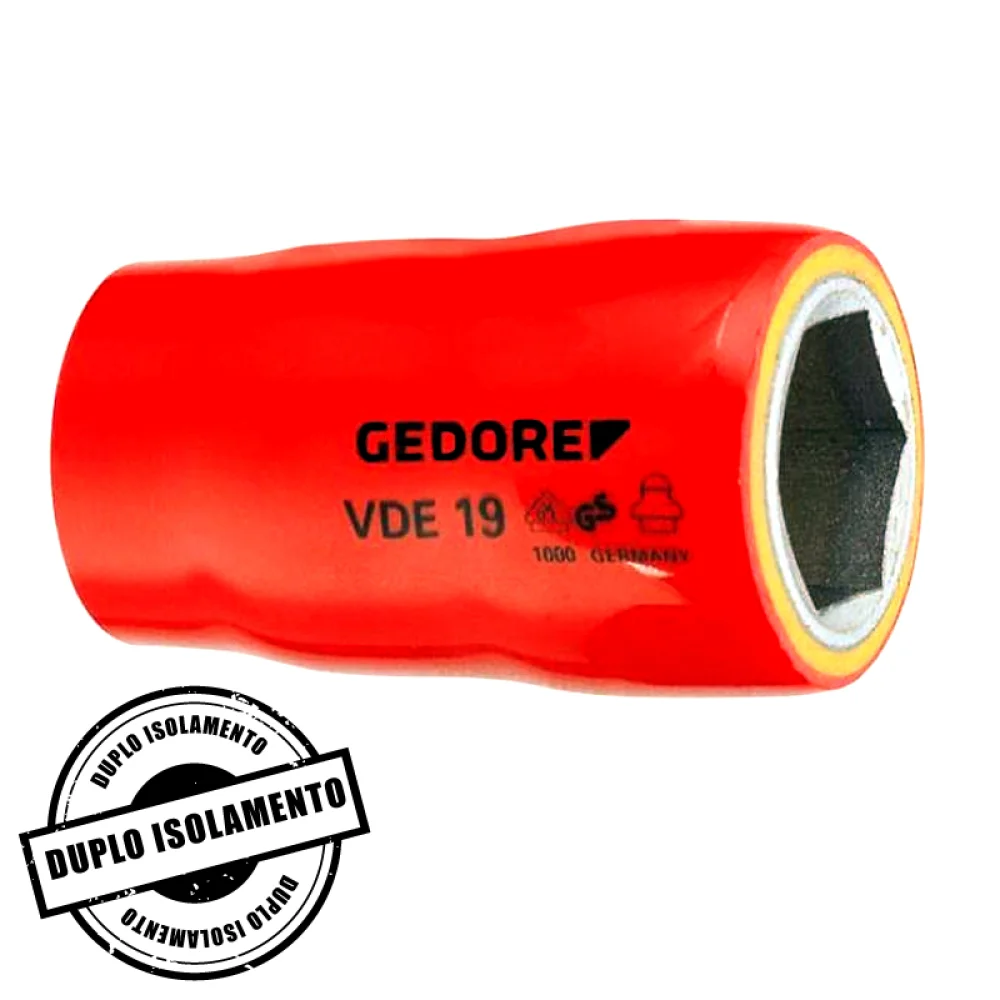 Soquete Sextavado Isolado 1000V VDE Encaixe 1/2" EN60900 IEC60900 NR10 CRV 1/2X14MM Gedore VDE19
