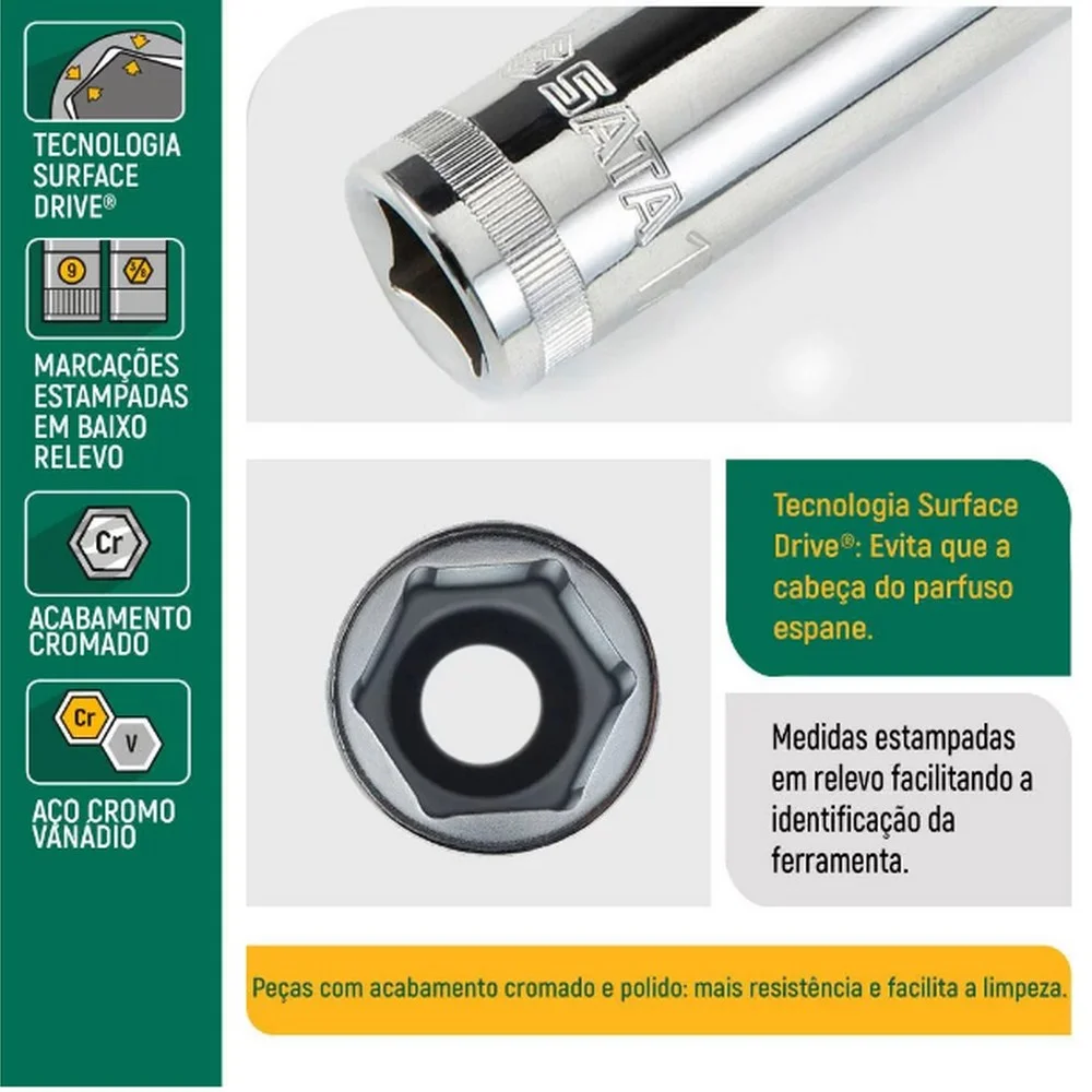 Soquete Sextavado Longo Encaixe 1/2" CRV 1/2X18MM Sata ST13409SC
