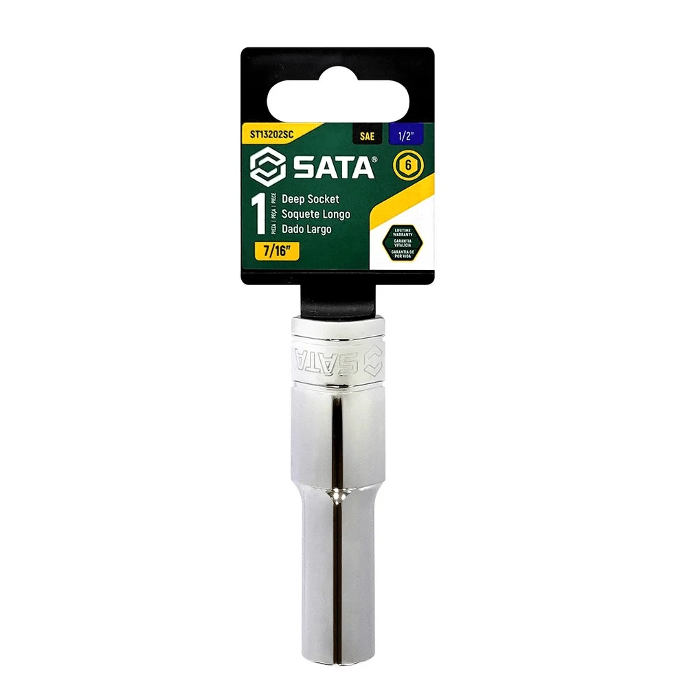 Soquete Sextavado Longo Encaixe 1/2" CRV 1/2X7/16" Sata ST13202SC