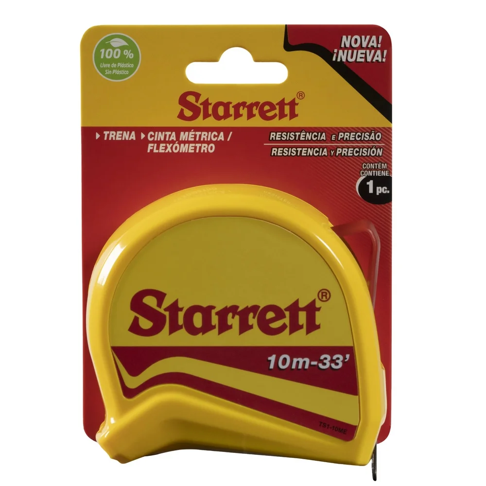 Trena de Aco Caixa Plastica Graduacao Em MM/POL com Trava e Presilha 10MX1" Starrett KTS1-10ME-S