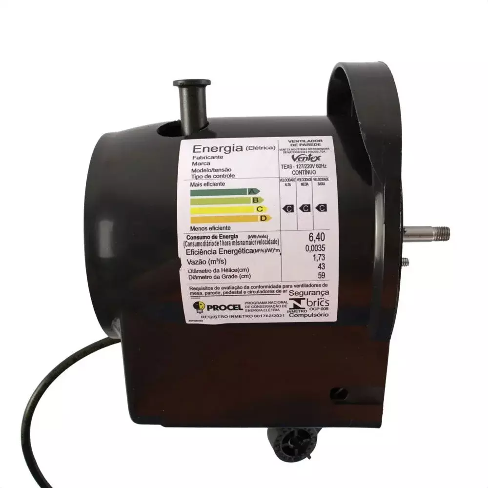Ventilador de Parede Preto Oscilante 3 PAS 60CM Bivolt 210W Ventex TEX 6 MAX TURBO