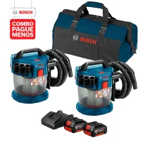 Combo Pague Menos Bosch 18V - Aspirador de Pó a Bateria Bosch GAS 18V-10 L,18V + Aspirador de Pó a Bateria Bosch GAS 18V-10 L,18V, com 2 baterias 18V 4,0Ah 1 carregador BIVOLT GAL 18V-20 e 1 bolsa de transporte
