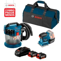 Combo Pague Menos Bosch 18V - Aspirador de Pó a Bateria Bosch GAS 18V-10 L,18V + Lixadeira a Bateria Bosch GSS 18V-10, 18V, com 2 baterias 18V 4,0Ah 1 carregador rápido 127V GAL 1880 CV e 1 bolsa de transporte