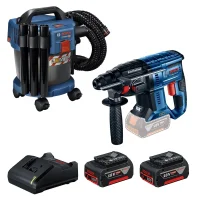 Combo Pague Menos Bosch 18V - Aspirador de Pó 10L + Martelete Perfurador Rompedor SDS-PLUS + 2 Baterias 18V 4ah e Carregador Bivolt BOSCH