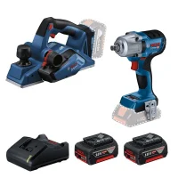 Combo Pague Menos Bosch 18V - Chave de Impacto 1/2" + Plaina 82mm + 2 Baterias 18V 4ah e Carregador Bivolt BOSCH