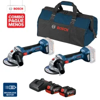 Combo Pague Menos Bosch 18V - Esmerilhadeira Bosch a bateria GWS 180-LI 18V, Motor sem escovas de carvão, . + Esmerilhadeira Bosch a bateria GWS 180-LI 18V, Motor sem escovas de carvão, . com 2 baterias 18V 4,0Ah 1 carregador BIVOLT GAL 18V-20 bolsa