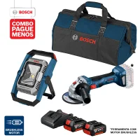 Combo Pague Menos Bosch 18V - Esmerilhadeira Bosch a bateria GWS 180-LI 18V, Motor sem escovas de carvão, . + Lanterna a Bateria Bosch GLI 18V-1900,18V, com 1900 Lúmens, com 2 baterias 18V 4,0Ah 1 carregador BIVOLT GAL 18V-20 e 1 bolsa de transporte