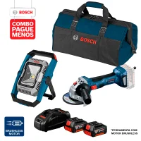 Combo Pague Menos Bosch 18V - Esmerilhadeira Bosch a bateria GWS 180-LI 18V, Motor sem escovas de carvão, . + Lanterna a Bateria Bosch GLI 18V-1900,18V, com 1900 Lúmens, com 2 baterias 18V 4,0Ah 1 carregador rápido 220V GAL 1880 CV e 1 bolsa de trans