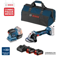 Combo Pague Menos Bosch 18V - Esmerilhadeira Bosch a bateria GWS 180-LI 18V, Motor sem escovas de carvão, . + Lixadeira a Bateria Bosch GSS 18V-10, 18V, com 2 baterias 18V 4,0Ah 1 carregador BIVOLT GAL 18V-20 e 1 bolsa de transporte