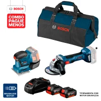 Combo Pague Menos Bosch 18V - Esmerilhadeira Bosch a bateria GWS 180-LI 18V, Motor sem escovas de carvão, . + Lixadeira a Bateria Bosch GSS 18V-10, 18V, com 2 baterias 18V 4,0Ah 1 carregador rápido 220V GAL 1880 CV e 1 bolsa de transporte