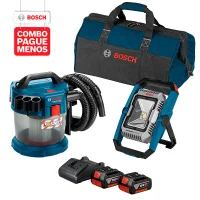 Combo Pague Menos Bosch 18V - Lanterna a Bateria Bosch GLI 18V-1900,18V, com 1900 Lúmens + Aspirador de Pó a Bateria Bosch GAS 18V-10 L,18V, com 2 baterias 18V 4,0Ah 1 carregador BIVOLT GAL 18V-20 e 1 bolsa de transporte