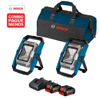 Combo Pague Menos Bosch 18V - Lanterna a Bateria Bosch GLI 18V-1900,18V, com 1900 Lúmens + Lanterna a Bateria Bosch GLI 18V-1900,18V, com 1900 Lúmens, com 2 baterias 18V 4,0Ah 1 carregador BIVOLT GAL 18V-20 e 1 bolsa de transporte