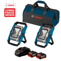 Combo Pague Menos Bosch 18V - Lanterna a Bateria Bosch GLI 18V-1900,18V, com 1900 Lúmens + Lanterna a Bateria Bosch GLI 18V-1900,18V, com 1900 Lúmens, com 2 baterias 18V 4,0Ah 1 carregador rápido 127V GAL 1880 CV e 1 bolsa de transporte