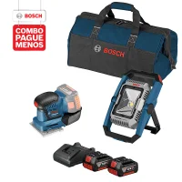 Combo Pague Menos Bosch 18V - Lanterna a Bateria Bosch GLI 18V-1900,18V, com 1900 Lúmens + Lixadeira a Bateria Bosch GSS 18V-10, 18V, com 2 baterias 18V 4,0Ah 1 carregador BIVOLT GAL 18V-20 e 1 bolsa de transporte