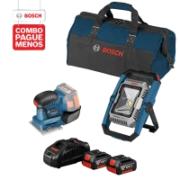 Combo Pague Menos Bosch 18V - Lanterna a Bateria Bosch GLI 18V-1900,18V, com 1900 Lúmens + Lixadeira a Bateria Bosch GSS 18V-10, 18V, com 2 baterias 18V 4,0Ah 1 carregador rápido 220V GAL 1880 CV e 1 bolsa de transporte