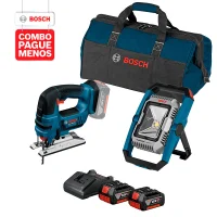 Combo Pague Menos Bosch 18V - Lanterna a Bateria Bosch GLI 18V-1900,18V, com 1900 Lúmens + Serra Tico-Tico a Bateria Bosch GST 18V-LI, 18V, com 2 baterias 18V 4,0Ah 1 carregador BIVOLT GAL 18V-20 e 1 bolsa de transporte