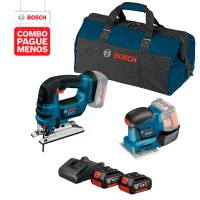 Combo Pague Menos Bosch 18V - Lixadeira a Bateria Bosch GSS 18V-10, 18V + Serra Tico-Tico a Bateria Bosch GST 18V-LI, 18V, com 2 baterias 18V 4,0Ah 1 carregador BIVOLT GAL 18V-20 e 1 bolsa de transporte