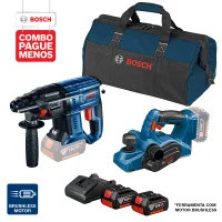 Combo Pague Menos Bosch 18V - Martelete Perfurador a Bateria Bosch GBH 180-LI SDS-Plus,18V, 2J EPTA + Plaina Bosch a Bateria GHO 18V-LI, 18V, em Maletacom 2 baterias 18V 4,0Ah 1 carregador BIVOLT GAL 18V-20 e 1 bolsa de transporte