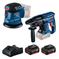 Combo Pague Menos Bosch 18V - Martelete Perfurador Rompedor SDS-PLUS + Lixadeira Roto Orbital 5"-125mm + 2 Baterias 18V 4ah e Carregador Bivolt BOSCH