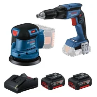Combo Pague Menos Bosch 18V - Parafusadeira de Gesso e Drywall 1/4"+Lixadeira Roto Orbital 5"-125mm+2 Baterias 18V 4ah e Carregador Bivolt BOSCH